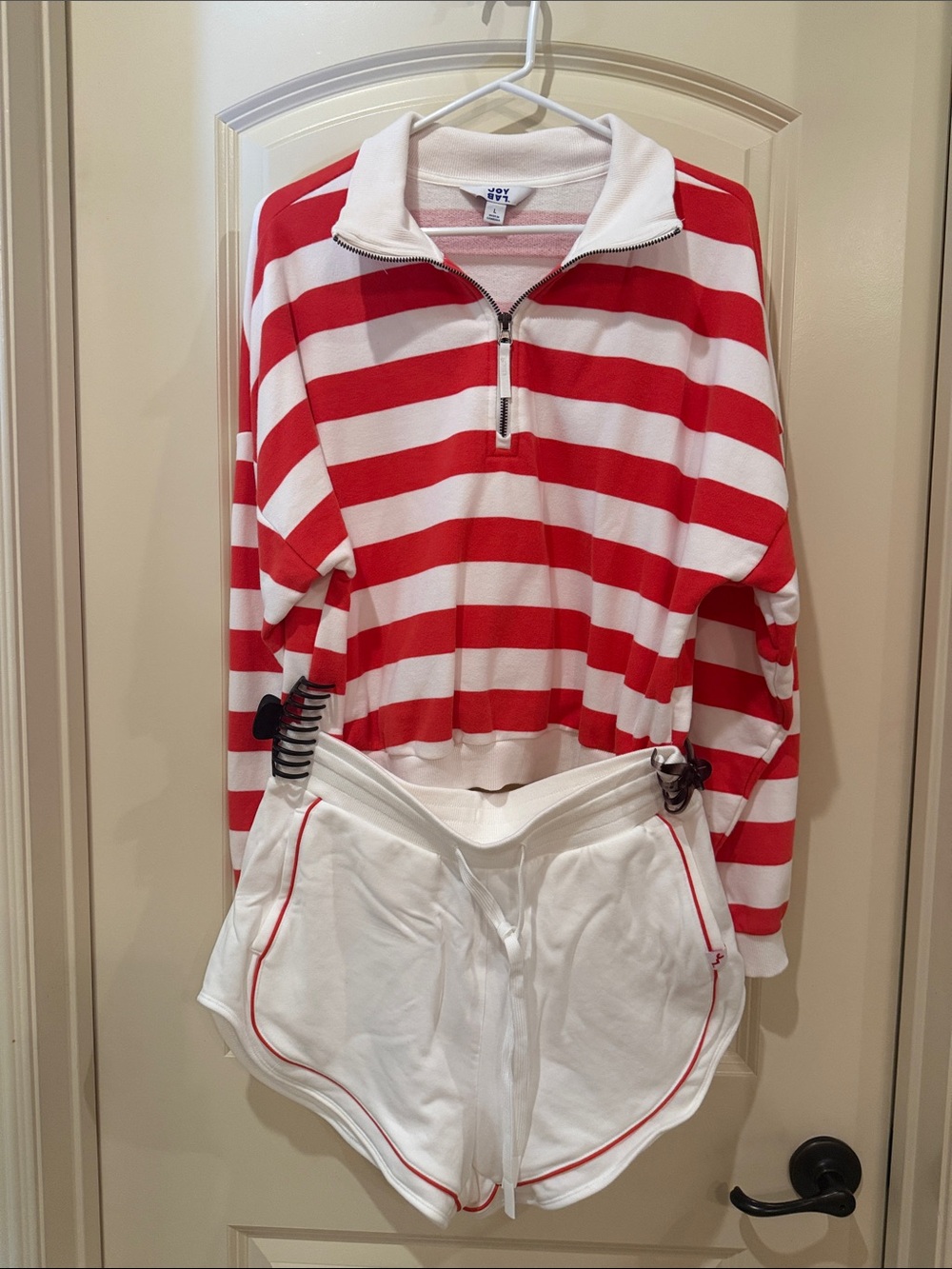 White Drawstring Athletic Shorts with Red Piping -- super soft Lg Top M - bottom